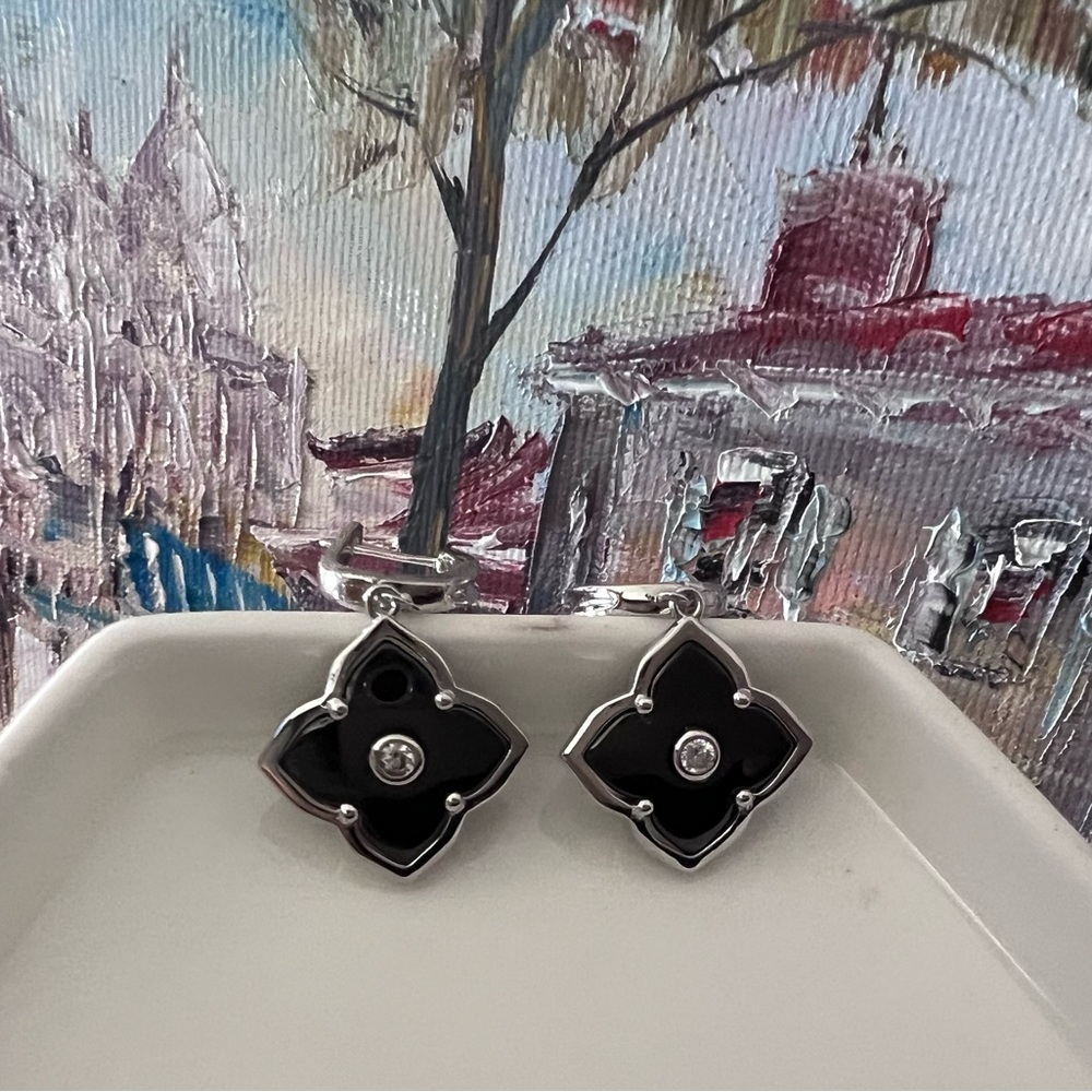 Black Onyx Double Flower Dangle Drop Earrings In 925 Sterling Silver